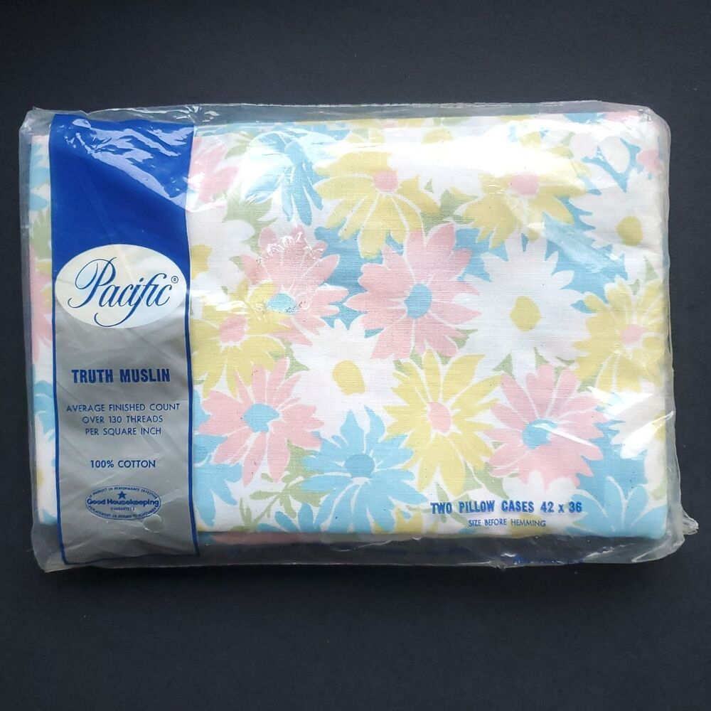 Vintage Pacific Truth Muslin All Cotton 2 Pillowcase Set 42x36 Pastel Floral NOS